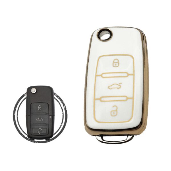 TPU Key Cover Case For Volkswagen VW Flip Key Remote 3 Button WHITE GOLD Color