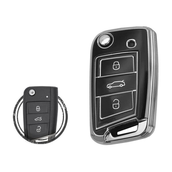 TPU Key Cover Case For Volkswagen VW MQB Flip Key Remote 3 Button Black Chrome Color
