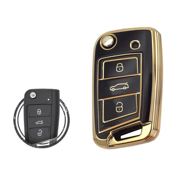 TPU Key Cover Case For Volkswagen VW MQB Flip Key Remote 3 Button BLACK GOLD Color