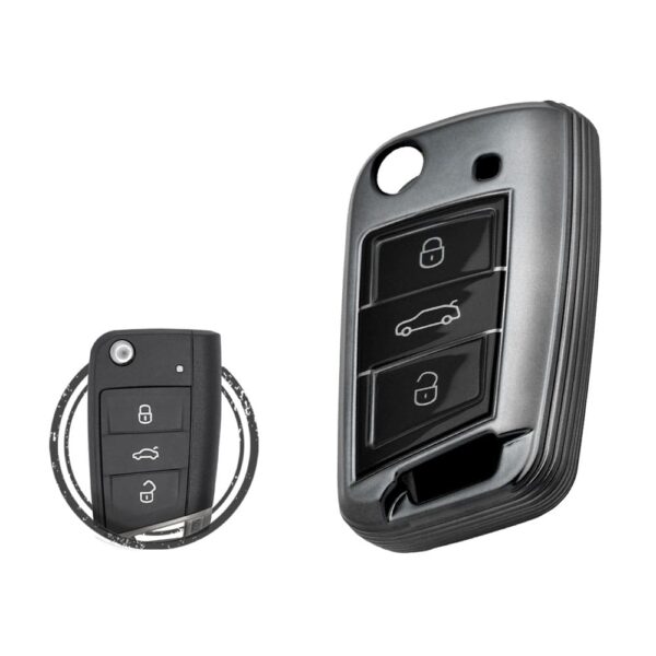 TPU Key Cover Case For Volkswagen VW MQB Flip Key Remote 3 Button BLACK Metal Color