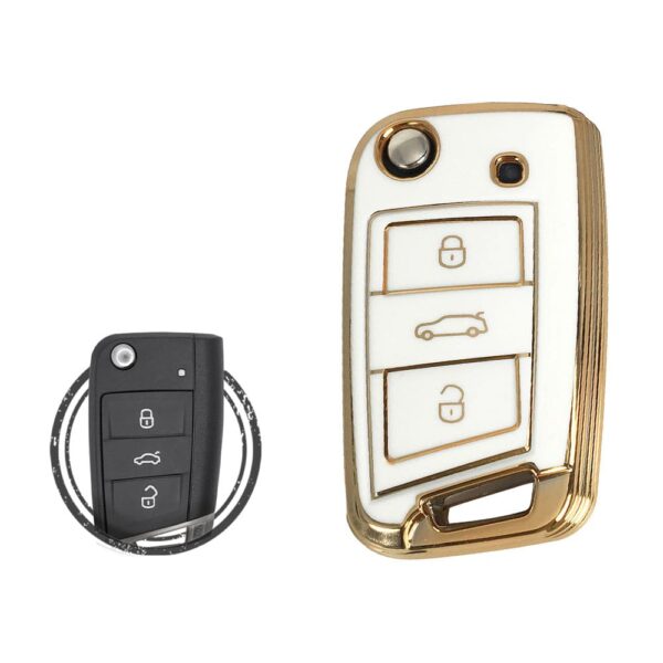 TPU Key Cover Case For Volkswagen VW MQB Flip Key Remote 3 Button WHITE GOLD Color