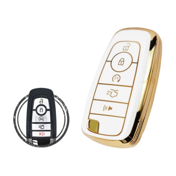 TPU Key Cover Case For Ford Edge Fusion Expedition Explorer Smart Key Remote 5 Button WHITE GOLD Color