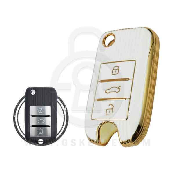 TPU Key Cover Case For MG ZS MG5 Smart Flip Key Remote 3 Button WHITE GOLD Color