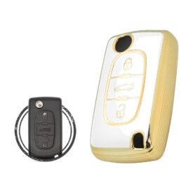 TPU Key Cover Case For Peugeot 307 308 Flip Key Remote 3 Button WHITE GOLD Color