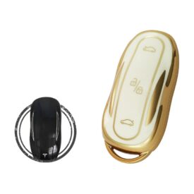 TPU Key Cover Case For Tesla Model 3 Y Smart Key Remote 3 Button WHITE GOLD Color