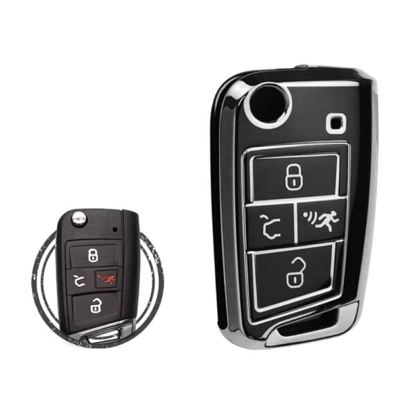 TPU Key Cover Case For Volkswagen VW MQB Flip Key Proximity Remote 4 Button Black Chrome Color