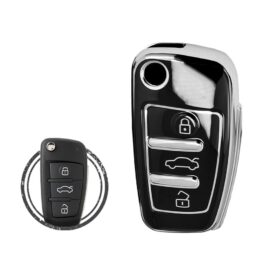 TPU Car Key Cover Case Compatible With Audi Flip Key Remote 3 Buttons Black and Chrome Color