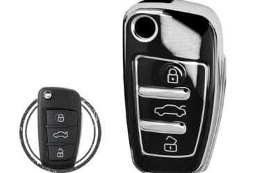 TPU Car Key Cover Case Compatible With Audi Flip Key Remote 3 Buttons Black and Chrome Color