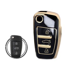 TPU Car Key Cover Case Compatible With Audi Flip Key Remote 3 Buttons Black and Gold Color
