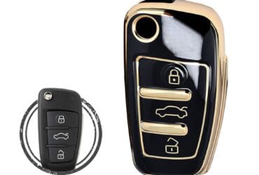 TPU Car Key Cover Case Compatible With Audi Flip Key Remote 3 Buttons Black and Gold Color