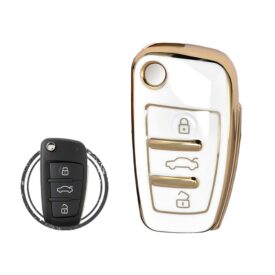 TPU Car Key Cover Case Compatible With Audi Flip Key Remote 3 Buttons White and Gold Color
