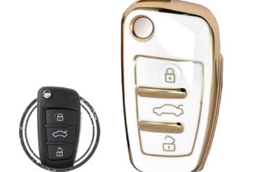 TPU Car Key Cover Case Compatible With Audi Flip Key Remote 3 Buttons White and Gold Color
