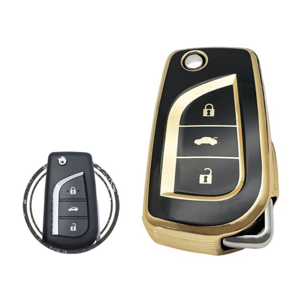TPU Key Cover Case Protector For Toyota Camry Flip Key Remote 3 Button BLACK GOLD Color