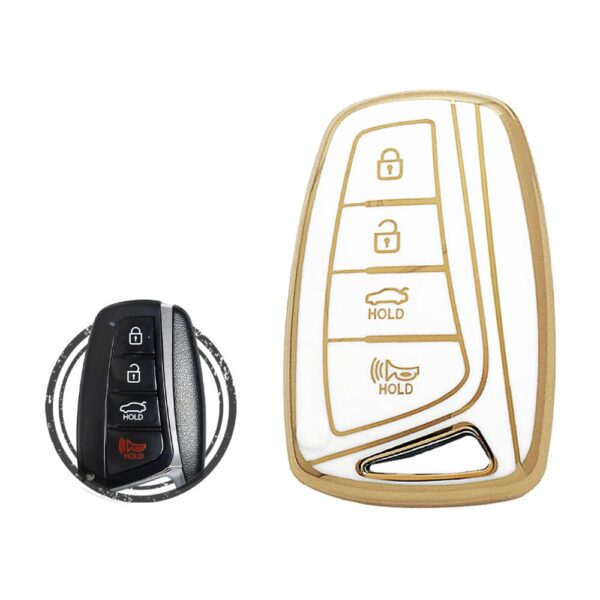 TPU Key Cover Case For Hyundai Azera Genesis Santa Fe Equus Smart Key Remote 4 Button WHITE GOLD Color