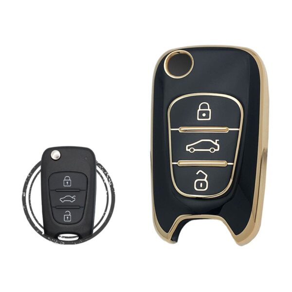 TPU Key Cover Case Protector For Hyundai Elantra Azera Veloster Flip Key Remote 3 Button BLACK GOLD Color