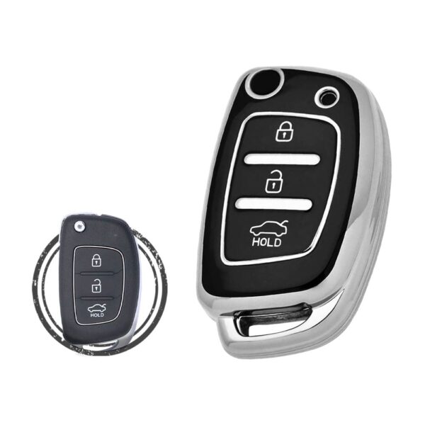 TPU Key Cover Case For Hyundai Creta I10 Sonata Azera Flip Key Remote 3 Button Black Chrome Color