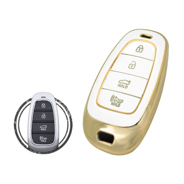 TPU Key Cover Case For Hyundai Nexo Grandeur Smart Key Remote 4 Button WHITE GOLD Color