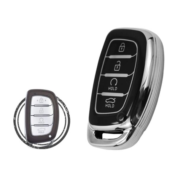 TPU Key Cover Case For Hyundai Creta Sonata Tucson Smart Key Remote 4 Button w/ Start Black Chrome Color