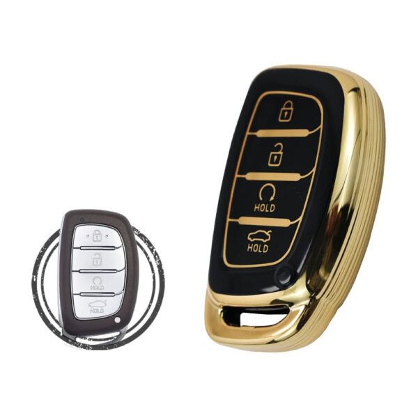 TPU Key Cover Case Protector For Hyundai Creta Sonata Tucson Smart Key Remote 4 Button w/ Start BLACK GOLD Color