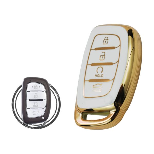 TPU Key Cover Case For Hyundai Creta Sonata Tucson Smart Key Remote 4 Button w/ Start WHITE GOLD Color