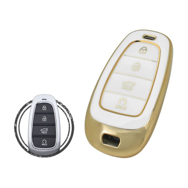 TPU Key Cover Case For Hyundai Tucson Sonata Santa Fe Smart Key Remote 4 Button w/ Start WHITE GOLD Color
