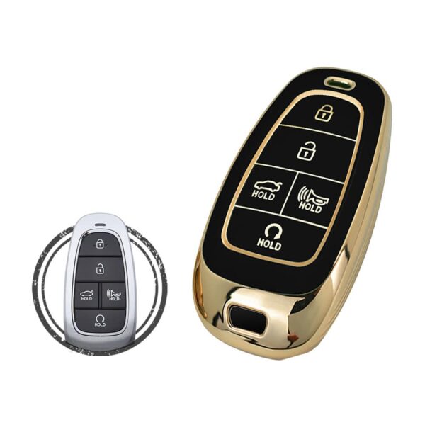 TPU Key Cover Case Protector For Hyundai Tucson Santa Fe Sonata Palisade Smart Key Remote 5 Button BLACK GOLD Color