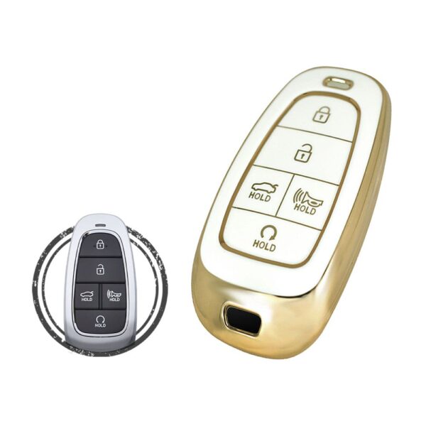 TPU Key Cover Case For Hyundai Tucson Santa Fe Sonata Palisade Smart Key Remote 5 Button WHITE GOLD Color