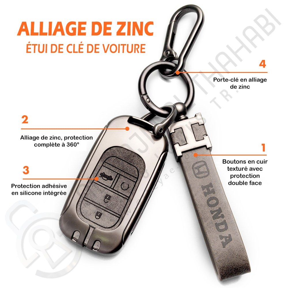 Coque de clé en alliage de zinc et cuir à 4 boutons pour clé intelligente à distance Honda (1)