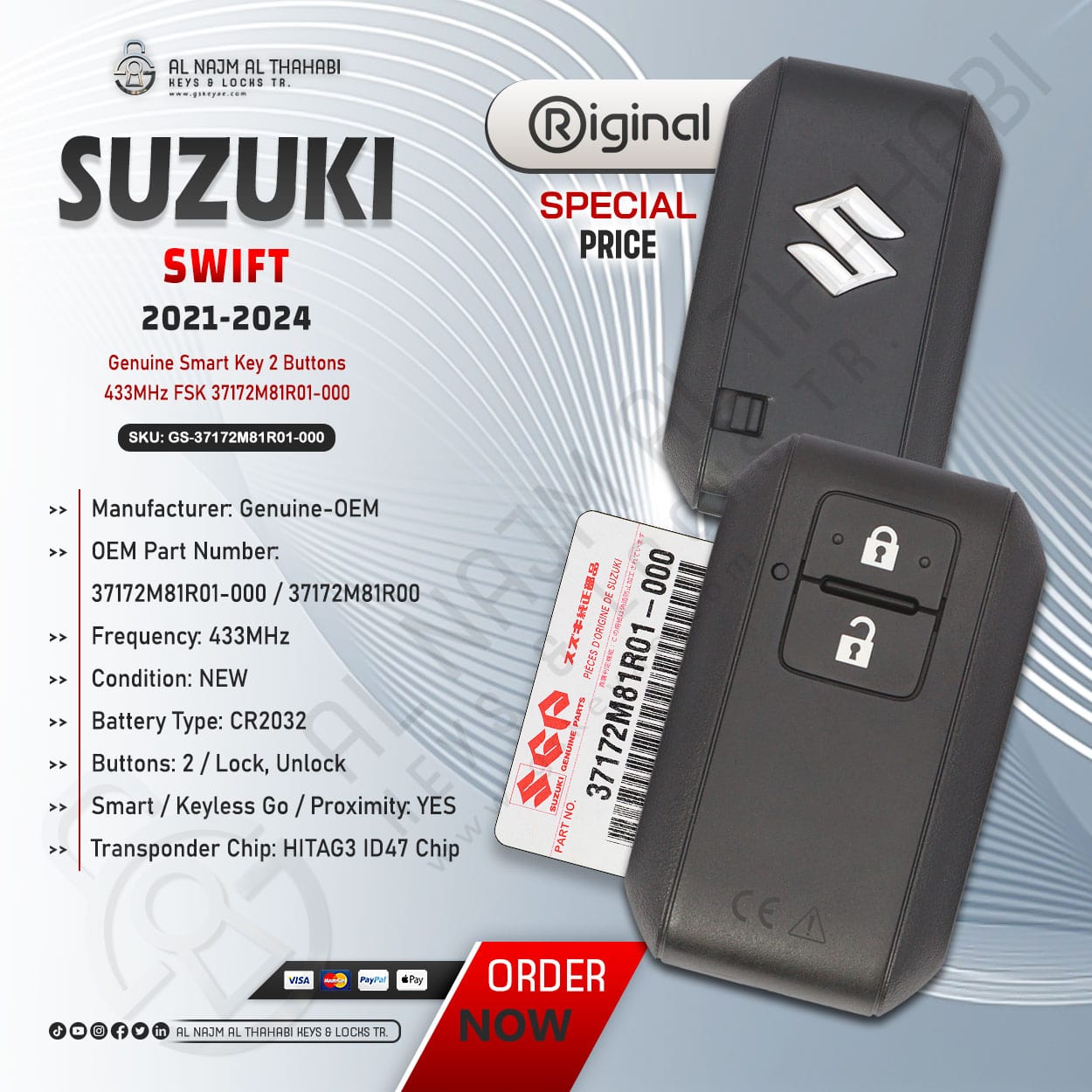 Genuine Suzuki Swift Smart Key 2 Button 433MHz FSK 37172M81R01-000