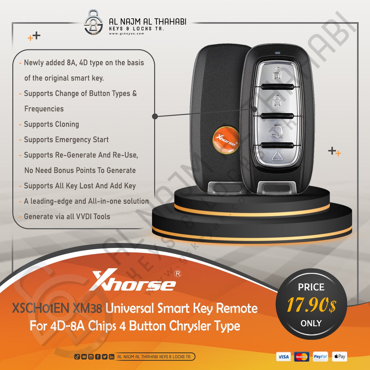 Xhorse XSCH01EN XM38 Universal Smart Key Remote 4 Button Chrysler