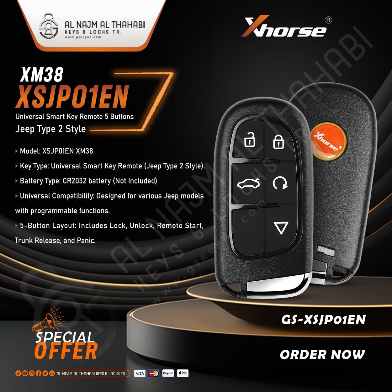 Xhorse XSJP01EN XM38 Universal Smart Key Remote 5 Button Jeep Type 2 Style (3)