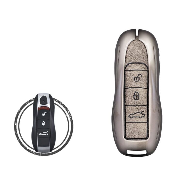 Zinc Alloy and Leather Key Cover Case 3 Button For 2009-2019 Porsche Cayenne Panamera Macan Proximity and Non-Proximity Remote Key