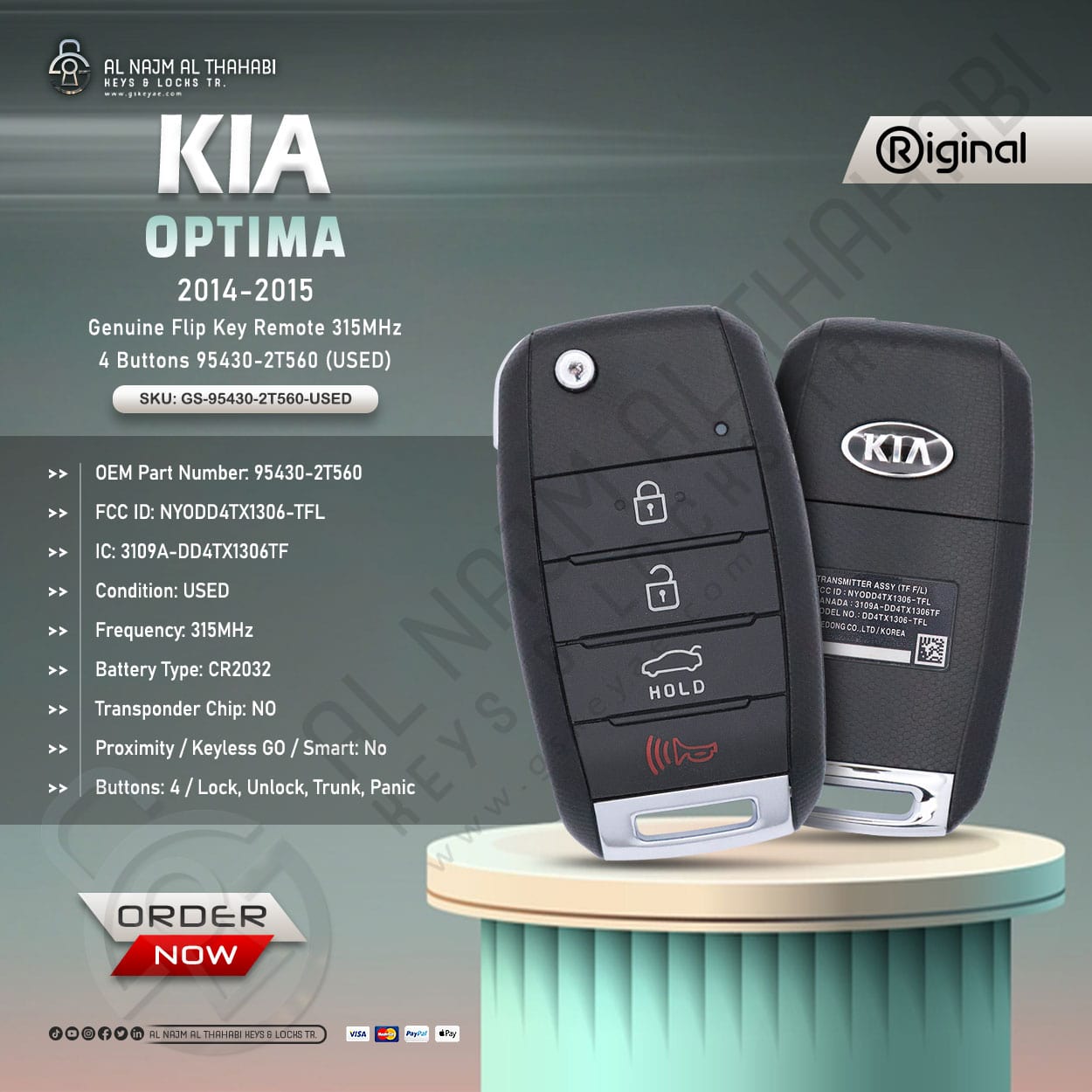 Genuine KIA Optima Flip Key Remote 315MHz 4 Button 95430-2T560 (USED)