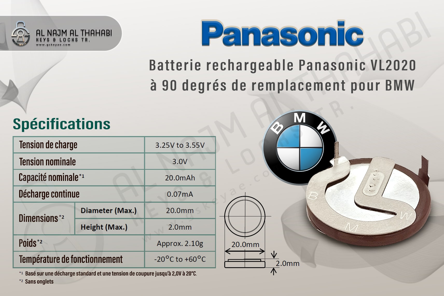 Batterie rechargeable Panasonic VL2020 à 90 degrés de remplacement pour BMW