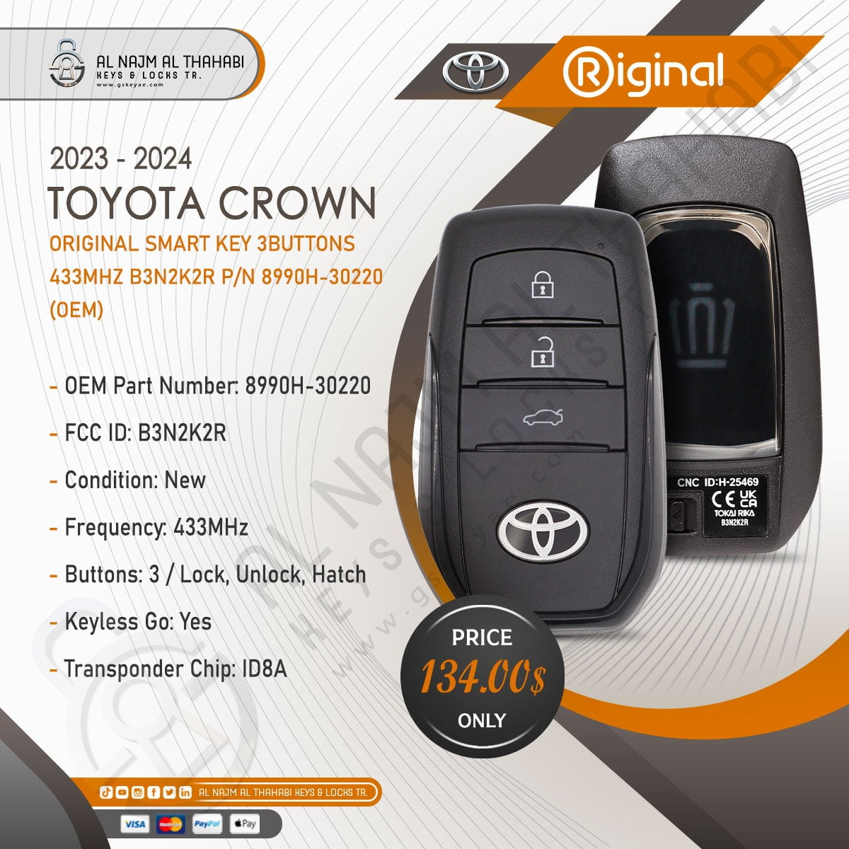 2023-2024 Toyota CROWN Smart Key Remote 3 Button 433MHz B3N2K2R P/N 8990H-30220 (OEM)