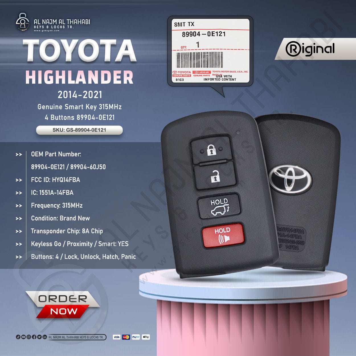 Genuine Toyota Highlander Smart Key 315MHz 4 Button 89904-0E121