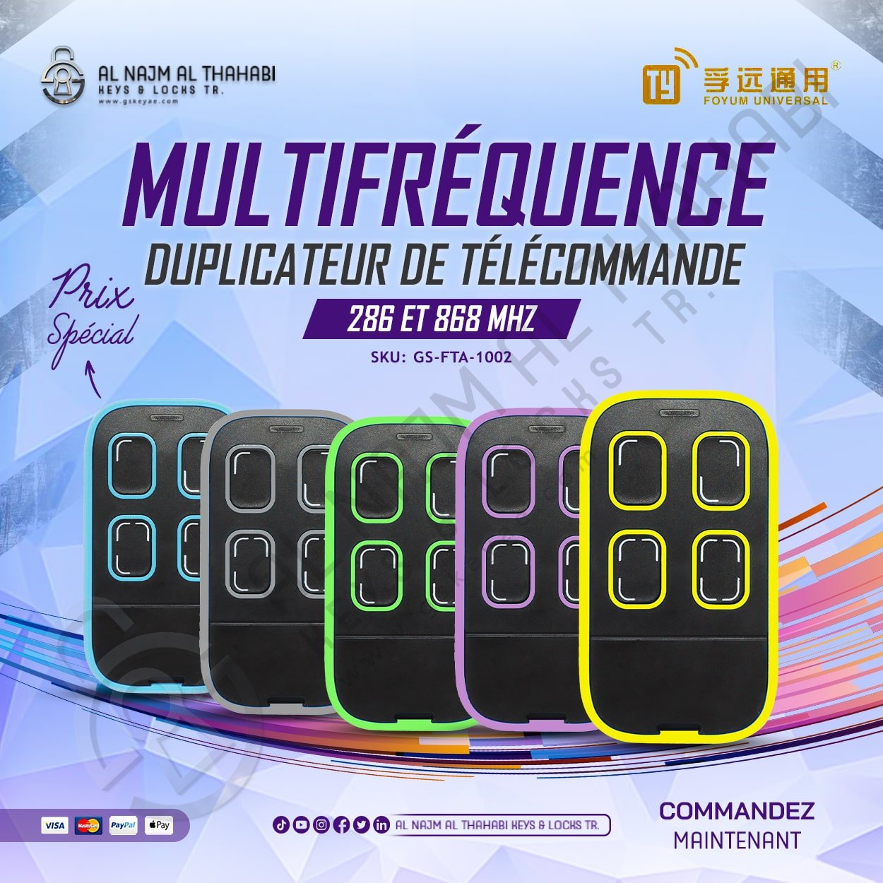 Duplicateur de télécommande universelle pour porte de garage multi-fréquences 286-868MHz 4 boutons