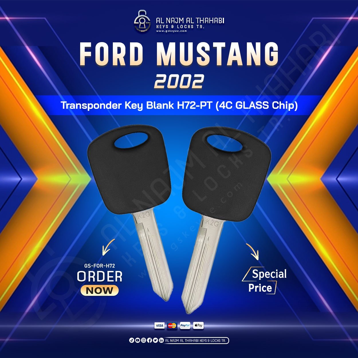 2002 Ford Mustang Transponder Key Blank H72-PT 4C GLASS Transponder Chip