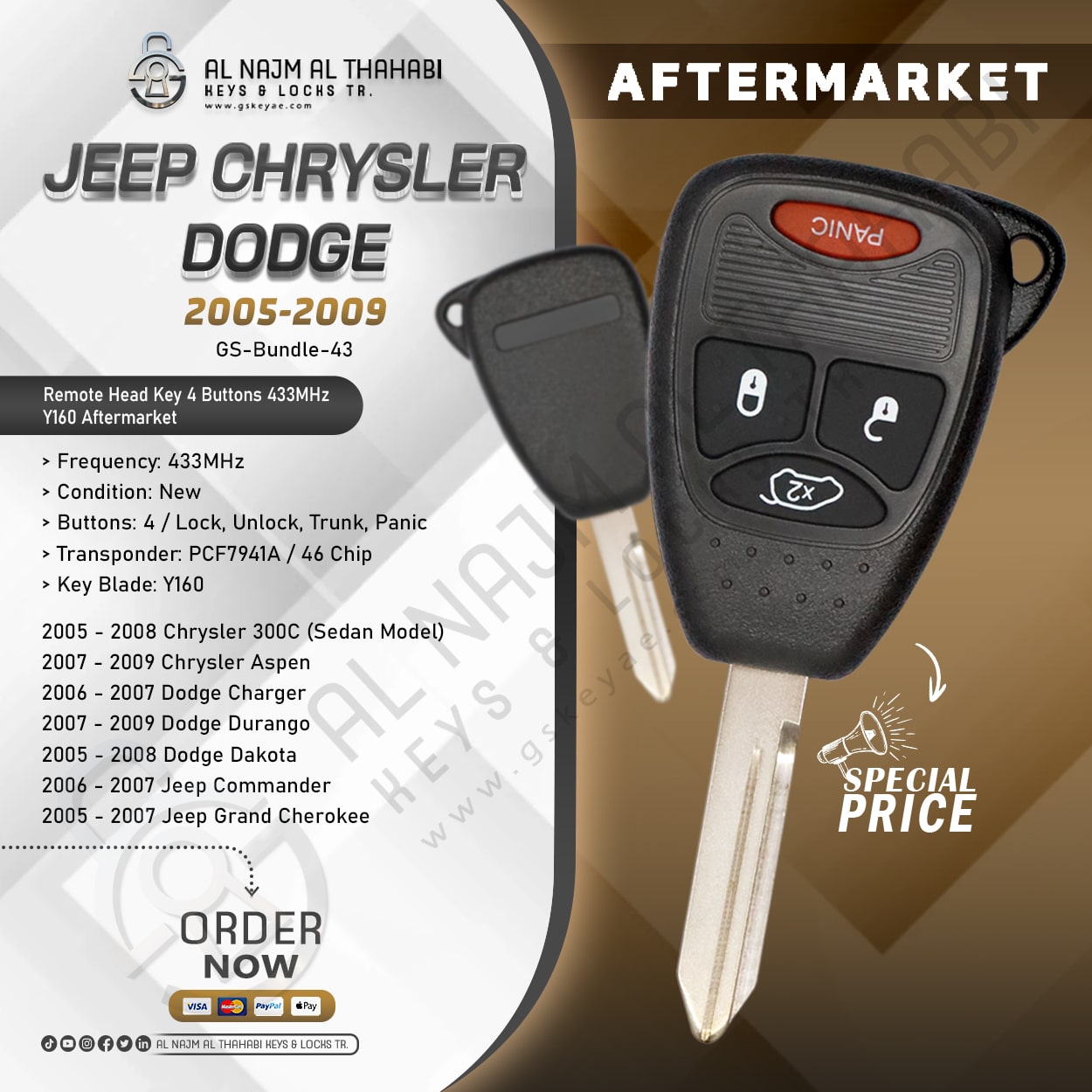 3 X 2005-2009 Jeep Chrysler Dodge Remote Head Key 4 Button 433MHz Y160 Aftermarket (1)