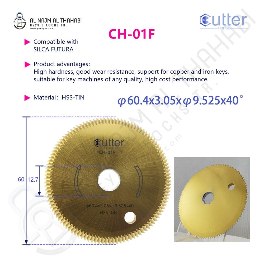 Angle Milling Cutter HSS-TiN Material φ60.4x3.05xφ9.525x40° CH-01F Features 