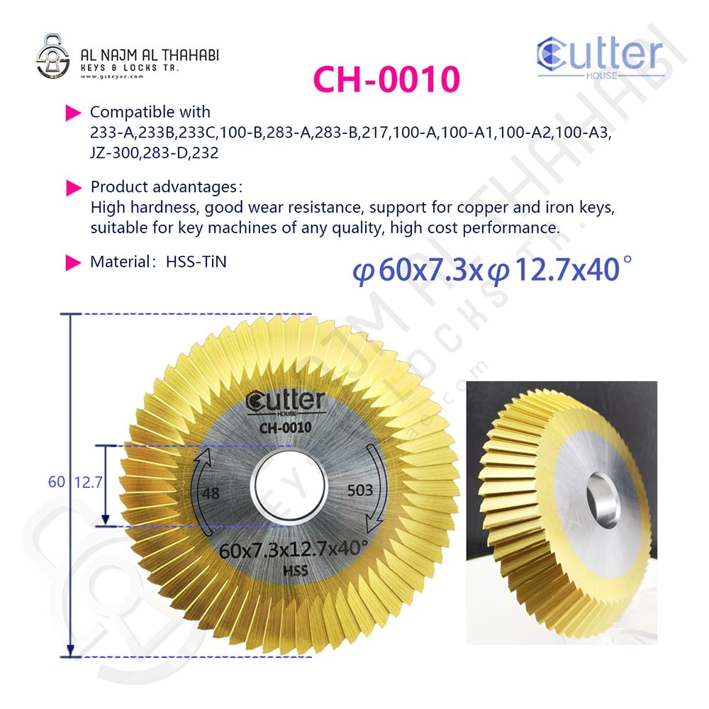 Angle Milling Cutter HSS-TiN Material φ60x7.3xφ12.7x40° CH-0010 Features 