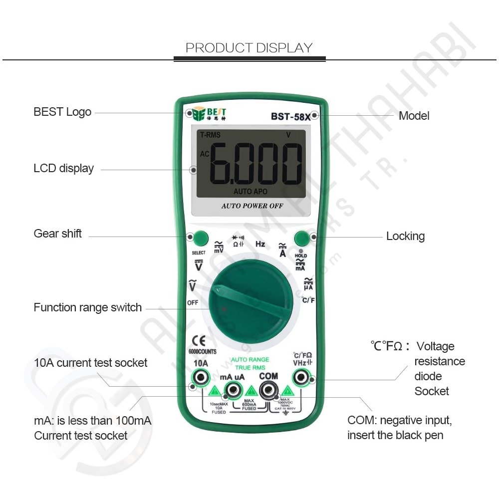 Bestool BST-58X Multimètre numérique automatique intelligent 6000 comptages outil de test de tension et courant AC/DC (1)