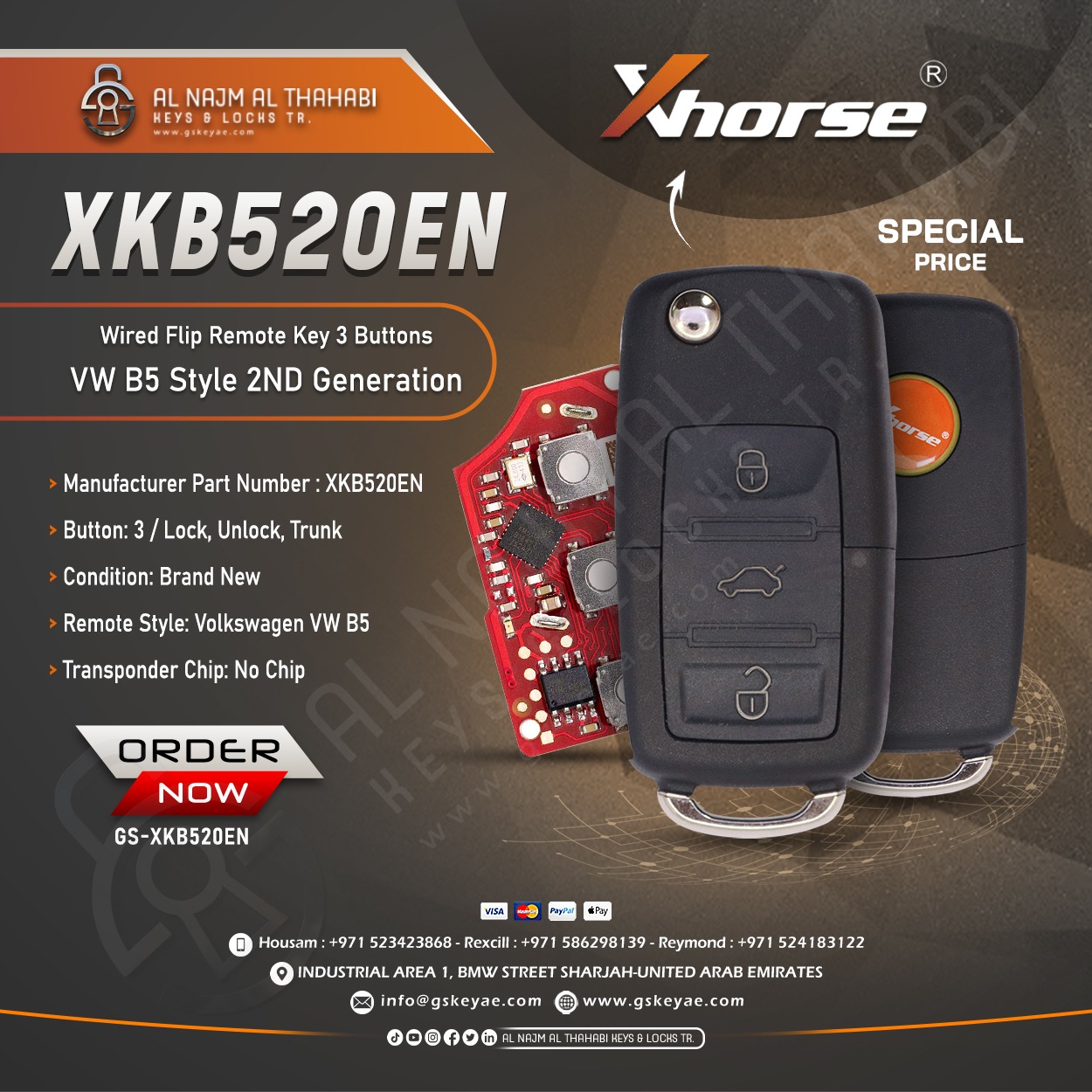 Xhorse XKB520EN Wired Flip Remote Key 3 Buttons VW B5 Style
