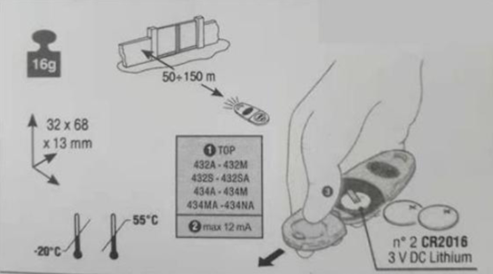 CAME TOP 432NA 432SA 432EE Gate Garage Remote Control Specifications 