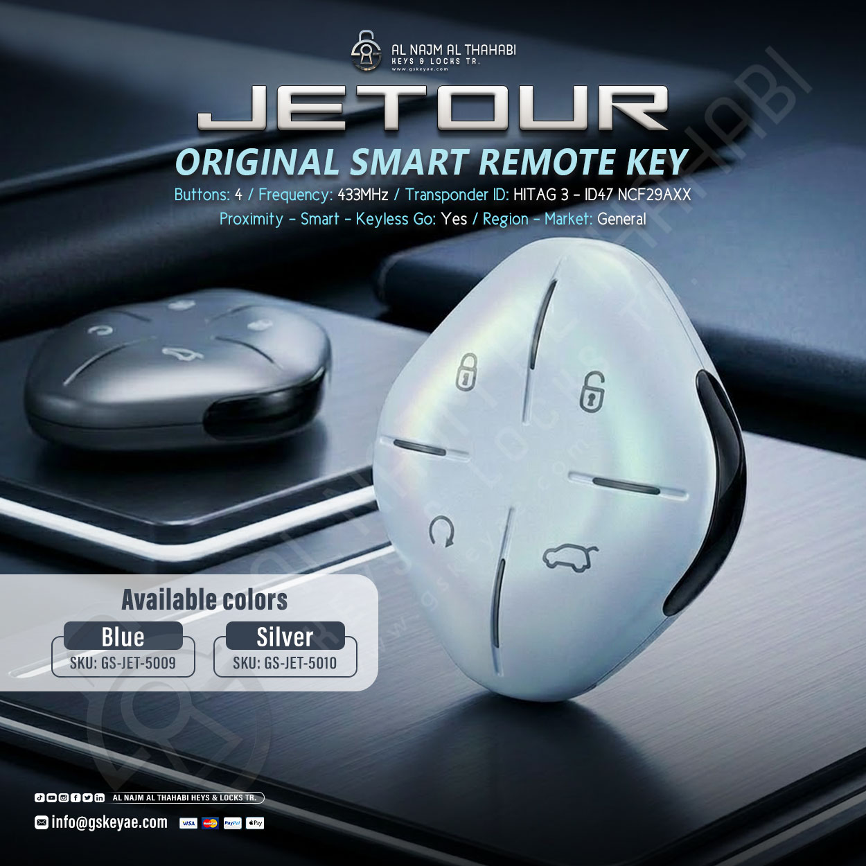 Jetour Original Remote Key 433MHz 4-Button HITAG3-ID47 NCF29AXX Silver / Black
